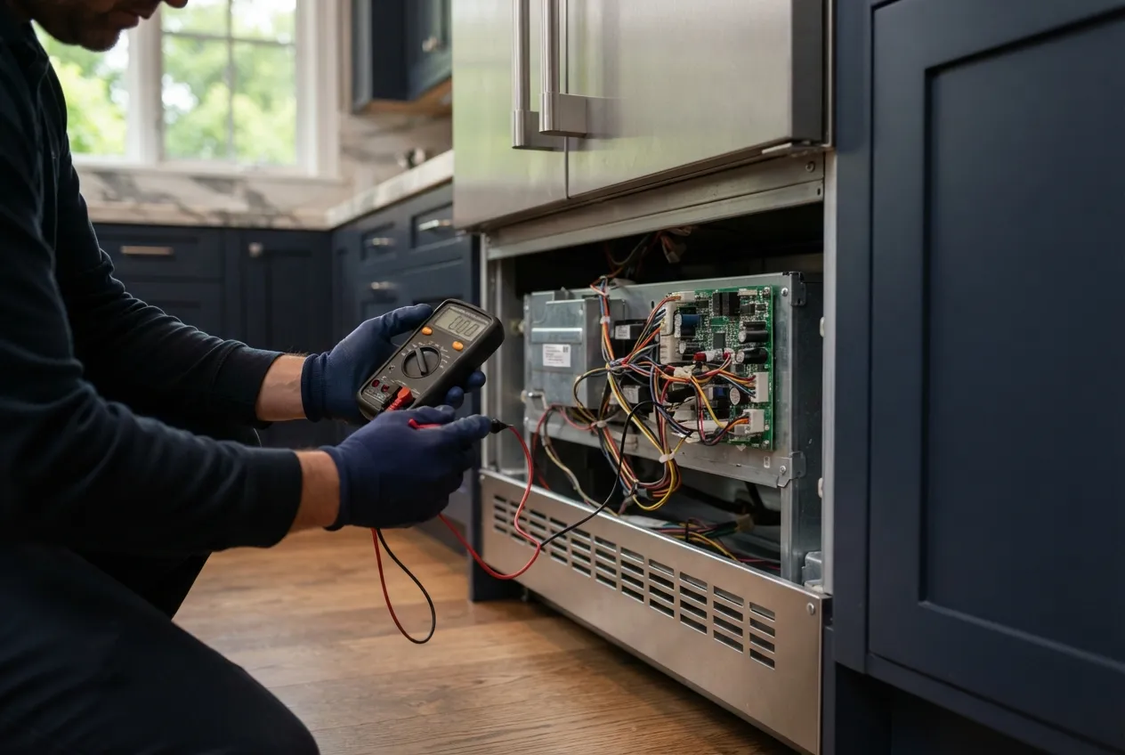 Technician testing the control board of a built-in refrigerator