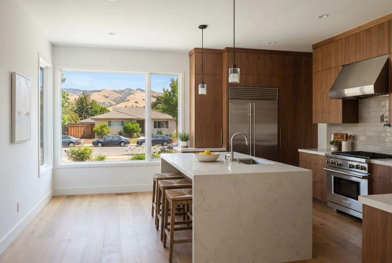 Modern kitchen with a built-in stainless refrigerator and a professional-style range